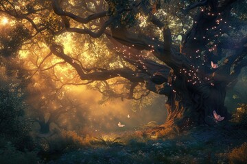 Fototapeta na wymiar A magical forest at twilight, ethereal light filtering through trees, fairies dancing around an ancient oak. Resplendent.