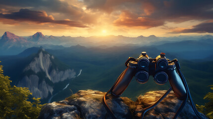 Binoculars on top of rock mountain at beautiful sunset background 