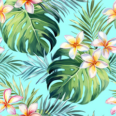 Tropical pattern. Plumeria, monstera, paradise flower, palm leaf