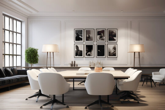 A sophisticated and professional meeting space with sleek furnishings. The blank white empty frame on the wall serves as a platform for customization.