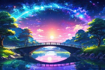 Bridge beside the river with starlight galaxy, celestial beauty, a landscape of tranquility. - obrazy, fototapety, plakaty