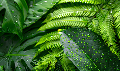 Obraz premium tropical wet bright green leaves background with water droplets fern palm and monstera deliciosa leaf ,Generative AI