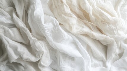 Obraz premium organic natural linen fabric with crumpled white texture background and eco textiles top view