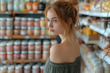 A woman with long hair is browsing the shelves in a grocery store, glancing over her shoulder. She looks at the beauty and natural foods sections, enjoying a fun retail experience