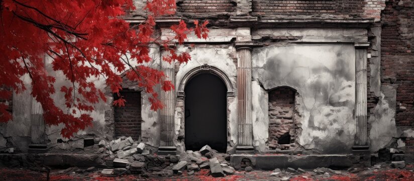 A monochromatic image of an abandoned brick building adorned with vibrant red leaves, showcasing a mix of history and artistry in the cityscape