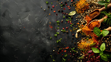 Variety condiments and herbs scattered on backgrou  Wooden Background. Slow motion. Scattered spice mix, grains black peppercorns, turmeric, paprika, coriander, oregano. Generative Ai - obrazy, fototapety, plakaty