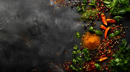 Poster Variety condiments and herbs scattered on backgrou  Wooden Background. Slow motion. Scattered spice mix, grains black peppercorns, turmeric, paprika, coriander, oregano. Generative Ai © shehzad