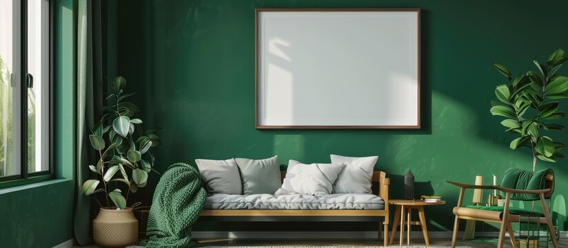 Emerald living room with a blank picture frame mockup on a green wall, showcasing a modern Scandinavian style interior with artwork. Reflecting the concept of home staging and minimalism.
