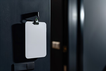 Close up mockup of a blank white door hanger on a black hotel room doorknob - obrazy, fototapety, plakaty