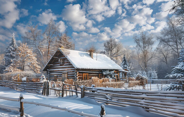 A small log cabin in the Russian countryside, covered with snow and surrounded by trees