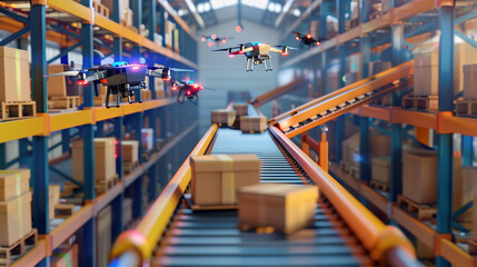 Efficient Warehouse Automation with Conveyor Belts and Drones