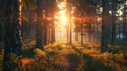 Summer forest path at sunrise and sunset, enveloped in colorful foliage and mist