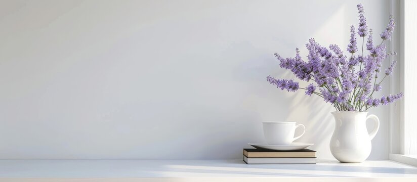 Frame with empty space for text or picture displaying a white interior with a vase of lavender flowers, books, and a cup of coffee. Mock up.