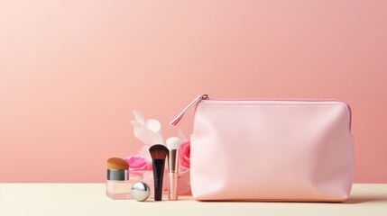 Obraz na płótnie Canvas Pink makeup bag with cosmetic beauty products 