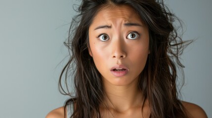 portrait of a pretty young asian woman looking scared in the camera
