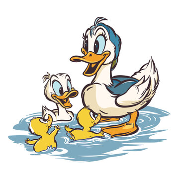 A vector graphic depicting a mother duck accompanied by her ducklings as they swim, set against a white background.