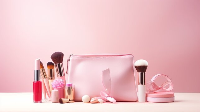 Pink makeup bag with cosmetic beauty products 