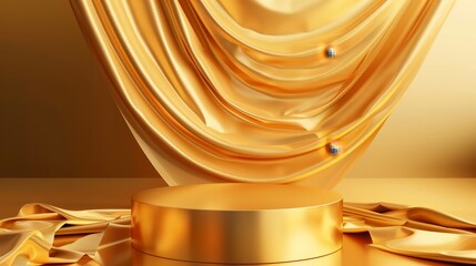 3D luxury golden stage silk podium gold fabric product background 