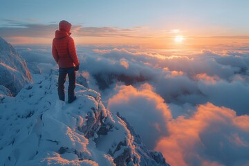 A man stands on a snowcovered mountain, gazing at the sunset. The sky is painted with vibrant hues, casting a beautiful glow over the mountainous landscape