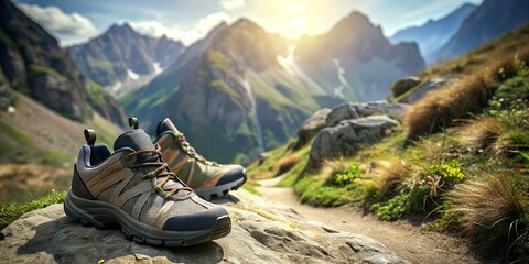 Sport Shoes on Trail Walking in Mountains - Outdoor Activity