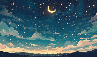 Woodcut illustration of beautiful night sky with stars and crescent moon, Generative AI