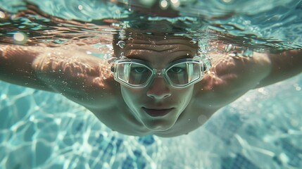 Fototapeta premium underwater view of a young man swimming front crawl in a pool, highlighting athletic movement and fitness during exercise in a clear water environment