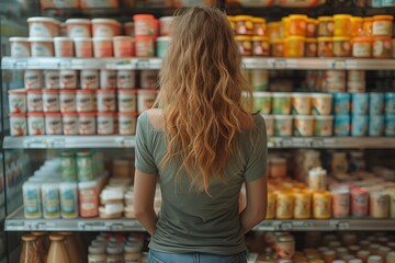 A customer is browsing the shelves of a convenience store, looking at various products in the refrigerated section, including food and drinks - obrazy, fototapety, plakaty