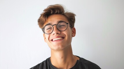 Fototapeta premium young man with glasses smiling brightly against a white background, highlighting a positive and confident expression in a clear and isolated portrait
