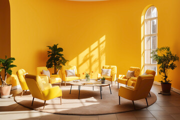 A bright and inviting meeting room with sunny yellow walls, comfortable seating, and a large circular table for collaborative discussions.