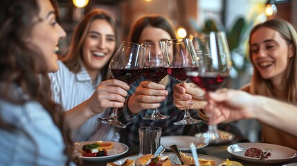 friends socializing and toasting wine at a restaurant pub with appetizers during happy hour having a great time together