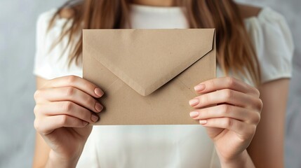 Obraz premium young woman receiving a love letter or card in the mail from a friend holding the envelope in her hands perfect for capturing the sentiment and emotion of receiving a handwritten note