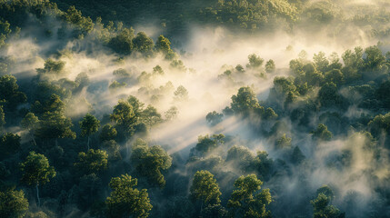 Enigmatic Mist Engulfing Enchanted Woodlands - obrazy, fototapety, plakaty