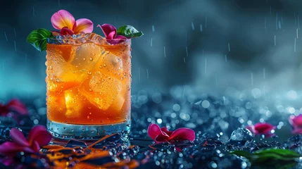 Gordijnen Orange Cocktail With Ice, Plumeria Under Rainy Atmosphere © oxart_studio