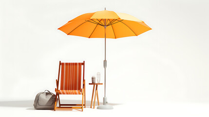 Creative minimal summer idea made of sun umbrella deck chair and radio on a light white background 