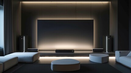 Minimalist Home Theater System in a Modern Dark Living Room. Generative ai