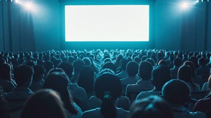 audience seated in a conference hall with a large screen displaying a video presentation during a business and education seminar