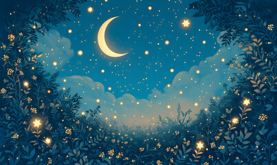 Naklejka premium Woodcut illustration of beautiful night sky with stars and crescent moon, Generative AI