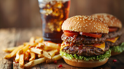 Hamburger meal served with french fries and soda  hamburger and French fries served on the wooden...