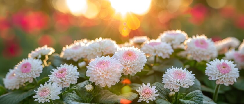   A serene image of lush white and pink blossoms bathed in sunlight