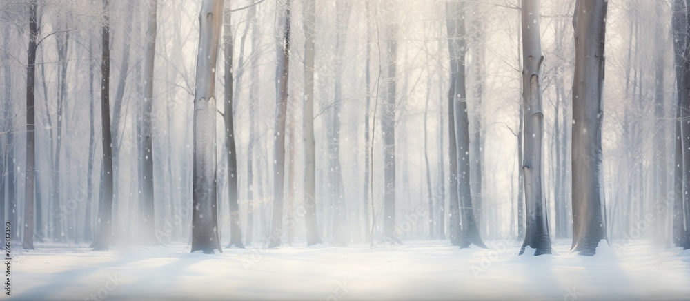 Poster a natural landscape painting featuring a snowy forest with trees covered in white snow. the grey tru