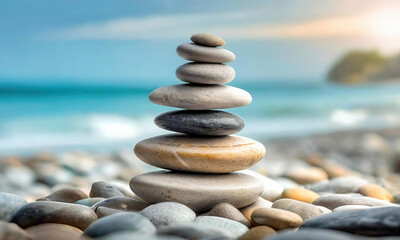 Pile of pebble zen stones stacked and balanced in harmony on the beach. Balance and stability concept.