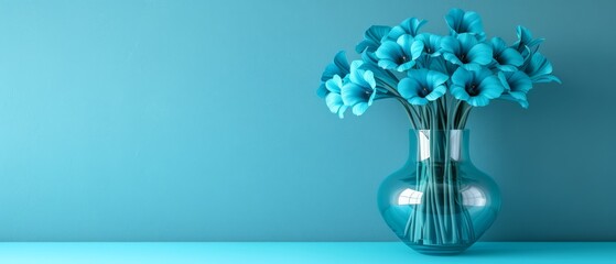   Blue blooms in a blue vase on a blue table against a light blue backdrop
