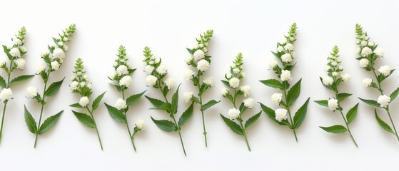  A row of white flowers rests atop a white table, surrounded by lush green foliage on a white surface
