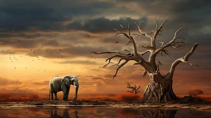 Foto op Aluminium Elephant and giraffe stands on thin branch of withered tree in surreal landscape  © Shahzaib