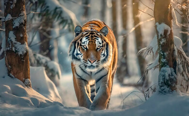 Siberian Tiger or Amur Tiger standing in snow covered winter forest. - obrazy, fototapety, plakaty