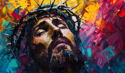 Colorful abstract art of Jesus with a crown of thorns, symbolizing Easter, crucifixion, and resurrection concept.