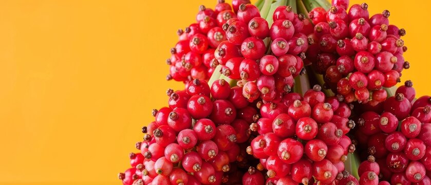   High-quality, close-up image showcasing a vibrant array of fruits against a yellow backdrop, featuring a green stem and juicy red berries on top