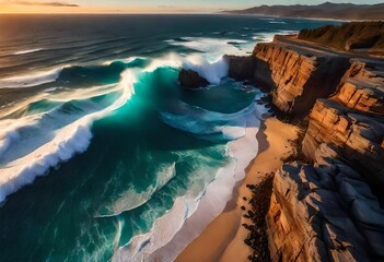 spectacular drone photo capturing the top view of a seascape, where ocean waves crash against a...