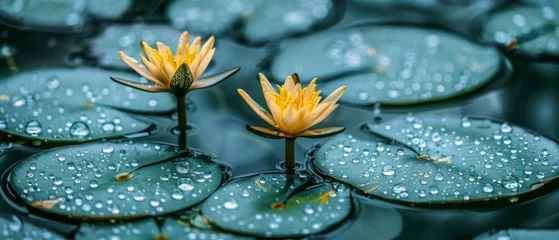 Foto op Canvas   A group of water lilies float atop a pond, dotted with lily pad coverage from the recent rainfall © Albert