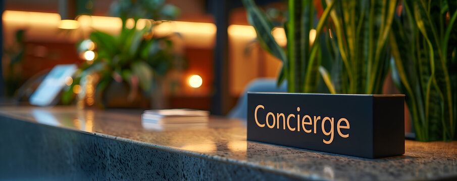 Close up of the "Concierge" sign on the front desk at a luxury hotel - Powered by Adobe